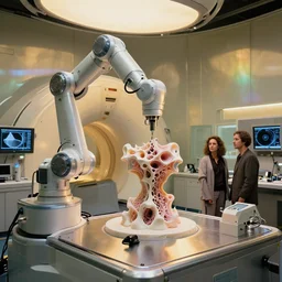 a complex bifurcated robotic cnc surgical arm cybernetic symbiosis hybrid mri 3 d printer machine making organic ceramic fractal forms by wayne barlowe and beeple in the glass room laboratory with control panels, iridescent golden hour lighting, film still from the movie directed by denis villeneuve with art direction by wayne barlowe and salvador dali, wide lens, f 3 2,