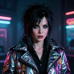 detailed film still of portrait neon operator joan jett in the movie blade runner, messy ponytail, dark cinematic goth atmosphere, cyberpunk futuristic, neon, reflective puffy coat, final fantasy decorated with traditional japanese by smail inceoglu dragan thoma greg rutkowski alexandros pyromallis nekro, illustrated, perfect face, fine details, realistic shaded, fine - face, pretty face