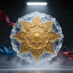 golden fractal mandala encased in fractured ice, studio lighting, area light from above, colored silk sheets flowing in wind, smoke and dust