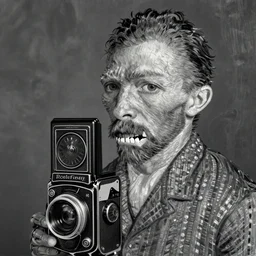 photo of vincent van gogh with a robotic jaw by diane arbus, black and white, high contrast, rolleiflex, 5 5 mm f / 4 lens