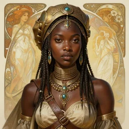 A full portrait of a beautiful post apocalyptic African explorer, intricate, elegant, highly detailed, digital painting, artstation, concept art, smooth, sharp focus, illustration, art by Krenz Cushart and Artem Demura and alphonse mucha