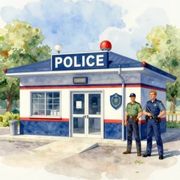 police station, colorful watercolor. by rembrant, battle angel alita, ralph mcquarrie, aluminum, 1 6 6 7