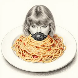 pencil sketch of taylor swift hiding in a giant plate of spaghetti