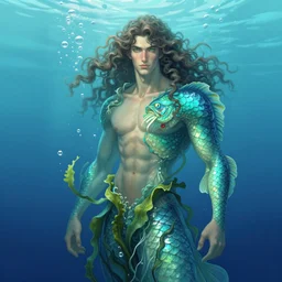 portrait of a beautiful young fit male sea creature with long curly hairs and fish skin, dressed in fluent clothes made of seaweeds, by greg rutkowski and alphonse mucha, d & d character, gradient cyan to blue, underwater bubbles background, highly detailed portrait, digital painting, artstation, concept art, smooth, sharp focus ilustration, artstation hq