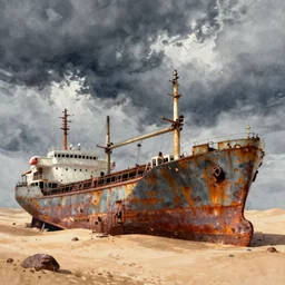the rusted carcass of an ancient cargo ship in a desert, detailed futuristic watercolor by kim jung gi and greg rutkowski