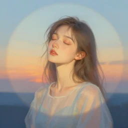 portrait of a beautiful girl, sunset, intimate, eyes closed, faded shades of light blue and light orange and light yellow, beautiful face, rule of thirds, transparent dress, spotlight, by greg rutkowski, by jeremy mann, by francoise nielly, by van gogh, digital painting