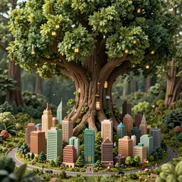 a miniature city built into the trunk of a single colossal tree in the forest, with tiny people, in the style of noah bradley, lit windows, close - up, low angle, wide angle, awe - inspiring, highly detailed digital art