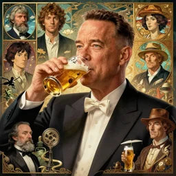 tom hanks drinking a beer, highly detailed vfx portrait, unreal engine, greg rutkowski, loish, rhads, caspar david friedrich, makoto shinkai and lois van baarle, ilya kuvshinov, rossdraws, elegent, tom bagshaw, alphonse mucha, global illumination, detailed and intricate environment.