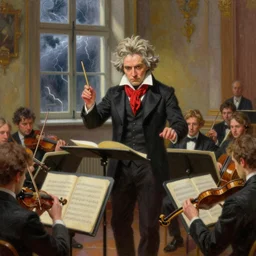 beethoven conducting an orchestra, windows in the background showing thunder outside, hyperrealistic, hyperdetailed oil painting, warm colors, colorful