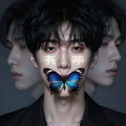 harmony of butterfly on his mouth, mute, neon light language, ( black haired yoongi portrait ) by wlop, james jean, victo ngai, beautifully lit, muted colors, highly detailed, fantasy art by craig mullins, thomas kinkade