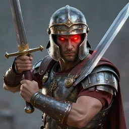 artstation concept art portrait of a roman soldier themed superhero in sword battle, eyes containing a piercing red and yellow light, realistic render, detailed, photorealistic, greg rutkowski and ruan jia, octane render,
