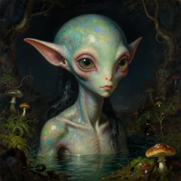 a close - up rococo portrait of an iridescent alien elf - like creature with futuristic features standing in water, moss, mushrooms and swamp. big eyes. night time. rich colors, high contrast. gloomy, highly detailed 1 8 th century sci - fi fantasy masterpiece painting by jean - honore fragonard, moebius, and johfra bosschart. artstation