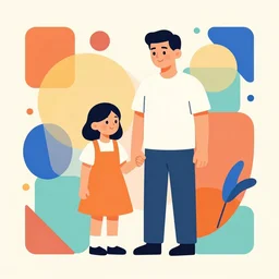 father and daughter, colorful background, abstract geometric