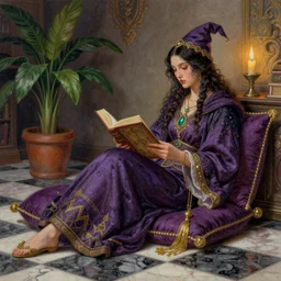 a pastel drawing of a woman wizard, ornate clothing, lounging on a purpur pillow on the marbled checkered floor in her study room reading an ancient tome. to the side is a potted plant, moody candlelit raytracing. ancient oriental scifi fantasy setting. 4 k key art. by chie yoshii and vermeer