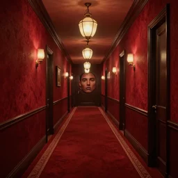 old hotel hallway interor, red moquette, diffused lights from lanterns, concept art, octane render, unreal engine 5, highly detailed, high quality, 8 k, soft lighting, realistic face, path traced, digital art,