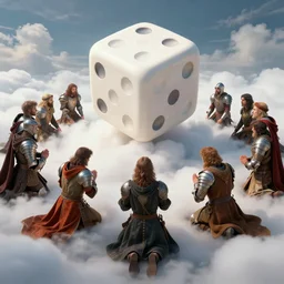 holy dice in the clouds, on the ground are people dressed in fantasy armor, kneeling in prayer, joan cornella