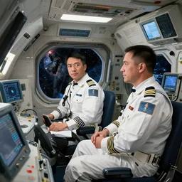 pilots in a spaceship getting ready to explore the universe, realistic