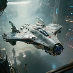 ( cyberpunk 2 0 7 7, bladerunner 2 0 4 9 ), dehaze, scientists creating an artificial alien highly detailed futuristic biomechanical thick smooth quad wing combat spaceship in their spaceship lab, glassy, sharp,, photographic, octane render, natural light, photorealistic, anti aliased, film still from movie by brian sum and annie leibowitz,