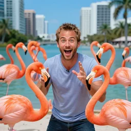 paul walker surrounded by flamingos, excited, miami, florida, 3 5 mm, f / 2. 8