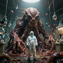 a massive slimy flesh creature grows out of control in a grungy science lab, horror movie scene, one single man in a hazmat suit, ray tracing