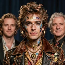 an award finning closeup facial portrait by akseli kallen gallela luis rogyo and john howe of a bohemian easygoing and handsome male cyberpunk traveller clothed in excessivelyg fashionable 8 0 s haute couture fashion and wearing ornate body paint