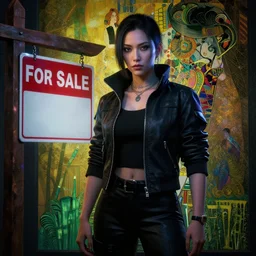 a hyper realistic character concept art of a ((cyberpunk real estate agent)) standing by a (For Sale) sign, half body, front facing camera, 4k rendered in Octane, trending in artstation, cgsociety, 4k post-processing highly detailed by wlop, Junji Murakami, Mucha Klimt, Sharandula, Hiroshi Yoshida, Artgerm, Craig Mullins,dramatic, moody cinematic lighting