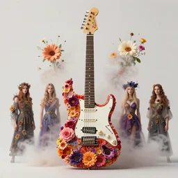 high intricate detailed commercial photo of a psr electric guitar covered in colorful flowers and smoke, golden ratio, rule of thirds, flowerpunk, majestic, elegant, by lea leonowicz, by maks trofimov, by jenny brozek, by johannes wessmark
