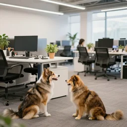 dogs and cats are working in coworking modern office