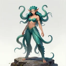 A victorious medusa stands on a rock, trending on artstation