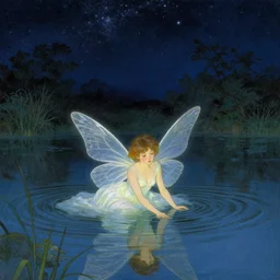 a fairy bathing in the lake under the starry sky, magical atmosphere, by edmund dulac