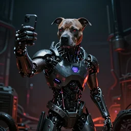 cyborg - pitbull taking a selfie, in hell, in 2 0 5 5, y 2 k cybercore, industrial low - light photography, still from a kiyoshi kurosawa movie