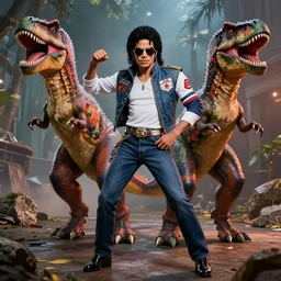 a hyper real comic book style portait painting of dinosaurs dancing like michael jackon, unreal 5, hyperrealistic, octane render, cosplay, rpg portrait, dynamic lighting
