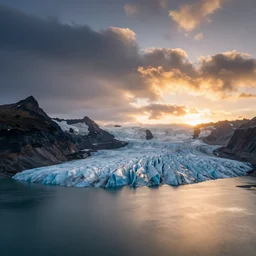 landscape photography by marc adamus, a glacial lake, mountains, sunset, dramatic lighting, glacial lake clouds, beautiful,