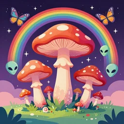 psychedelic mushrooms, enchanted alien world, mushrooms on the ground, aliens, galaxy in the sky, butterflies, occult, illuminati, third eye, rainbows, bright colors, psychedelic, vector art, honeycomb, dripping, fire, high contrast, fantasy poster by helen huang and frank frazetta and salvador dali and norman rockwell, anime style, 4 k
