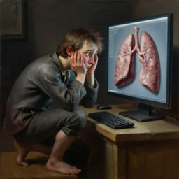 masterpiece painting of a 3d artist sad, crouched and desperate looking at the a computer screen with 3d anatomical model of a lung, oil on canvas, renaissance