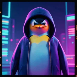 penguin hacker in hoodie, portrait, vaporwave, synthwave, neon, vector graphics, cinematic, volumetric lighting, f 8 aperture, cinematic eastman 5 3 8 4 film, photorealistic