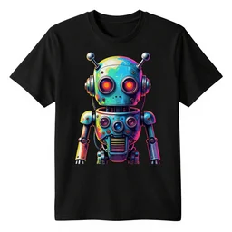 black tshirt with a hyperdetailed portrait of a spaced out diesel punk robot, 8 k, symetrical, flourescent colors, multicolored,
