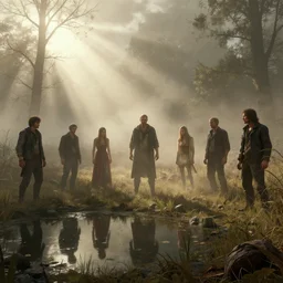 rural wisconsin after apocolypse, mist, sunrays, dust in the air, dnd character, unreal engine, octane render, dramatic lighting, pond, digital art, by stanley artgerm lau, greg rutkowski, thomas kindkade, alphonse mucha, loish, norman rockwell,