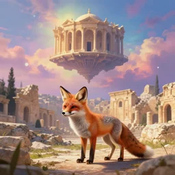 a beautiful small fox in the huge ruins of the second temple in jerusalem : : dreamy sky : : the third temple hovers quietly in the sky above : : very colorful painting 8 k trending on art station : : intricate details, very realistic, cinematic lighting, volumetric lighting, photographic blur bokeh defocus dof sky. - c 1 5
