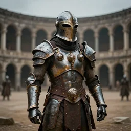 steam punk gladiator wearing armor in the arena, shallow depth of field, moody lighting, 8 k,