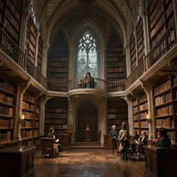 masterpiece concept art, two story gothic library interior, soft lighting, cinematic moody colors, realistic shaded lighting poster by ilya kuvshinov, magali villeneuve, artgerm, jeremy lipkin and michael garmash and rob rey