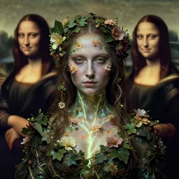 biblical daemonic beautiful woman made out of ivy and flowers, glowing veins, flower sparkling skin, rule of thirds, close - up, portrait by greg hildebrandt, studio lighting, muted colors, by terry richardson, by leonardo davinci, by beeple, ultrarelistic, extreme detail, caustics, trending on artstation, 8 k, octane renderer, rtx on