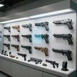 a photo of a clean alien shop that sells guns, futuristic, holographic, 8k, sharp focus, Fujifilm