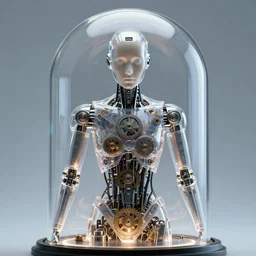 portrait of humanoid robot from ex machina, transparency, transparent, glass dome, see - through, gears and lights, cinematography by stanley kubrick, intricate, elegant, symmetry