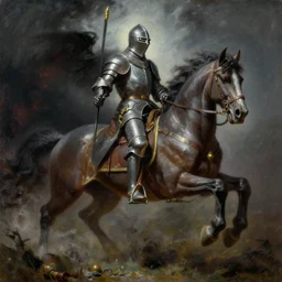 a painting of a knight riding a horse, a fine art painting by frank frazetta, deviantart contest winner, fantasy art, apocylypse art, dark and mysterious, soviet propaganda