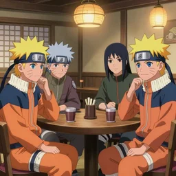 a group of guys, named lampova hanging out in pub in the style of the anime naruto
