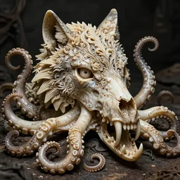 an intricately detailed carving in an wolf - octopus skull, rococo ornate bone and ivory sculpted skull with teeth and tentacles, horror, artifact, micro detailed, inscribed with occult symbols, otherworldly