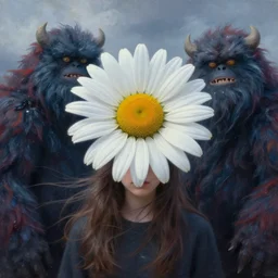 closeup, giant daisy flower under head, girl between monsteras, surreal photography, wind and cold, dramatic sky, impressionist painting, digital painting, artstation, simon stalenhag