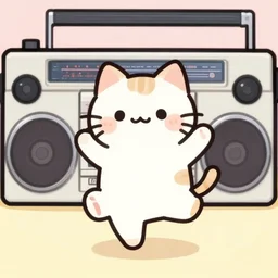 cute japanese illustration of a cat dancing in front of a Boombox