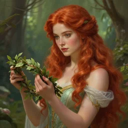 a beautiful red haired woman as a fairy princess in a garden holding a wreath, deep focus, d & d, fantasy, intricate, elegant, highly detailed, digital painting, artstation, concept art, matte, sharp focus, illustration, hearthstone, art by artgerm and greg rutkowski and alphonse mucha